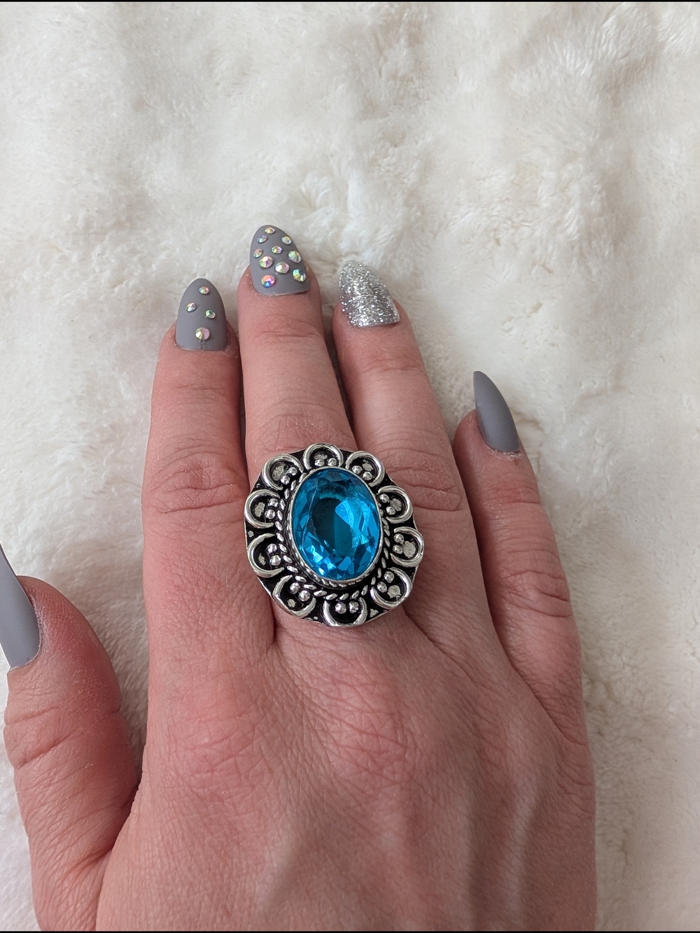 Large Blue Topaz German Silver Statement Ring Size 8 Boho Cocktail